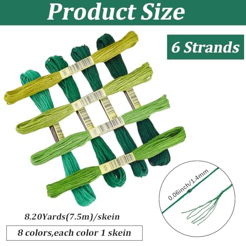 Image of 1 Box 65.6 Yards 8 Skeins 6 Strand Green Cotton Friendship Bracelet String Variegated Yarn Embroidery Assorted Bulk Thread Gradient Cross Stitch Floss Set for Sewing Making Crochet Knitting