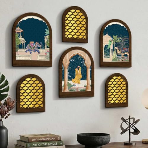 Image of Jharokha MDF Mirror for Home Decor | MDF Traditional Mirrors for Home Decoration | Wall Mirror Decor Hanging for Living Room Bedroom Office Set of 6 (9x12 inch & 7.5x9.5 inch)