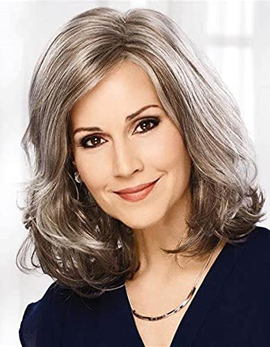 Swiking Short Grey Silver Wigs for Women Wavy Curly Wig with Bangs Fluffy Natural Looking Daily Synthetic Hair Halloween Cosplay Party Wigs for Old Ladies