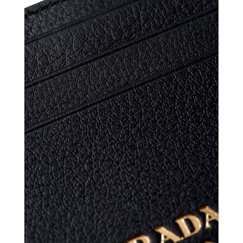 Prada Unisex Black Soft Grain Leather Gold Embossed Logo Small Card Holder Wallet 2MC0253