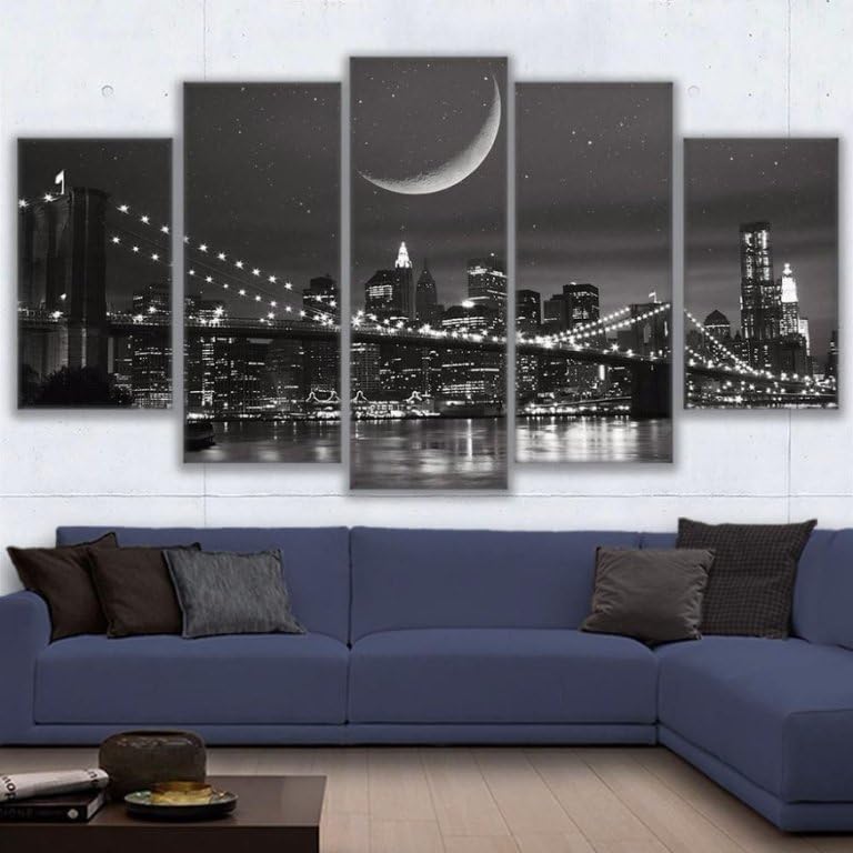 Genérico Juego de 5 pósteres, New York City Moonscape Puente de Brooklyn murales de pared, cuadros modernos en lienzo, póster natural de pared para salón (Sin marco)