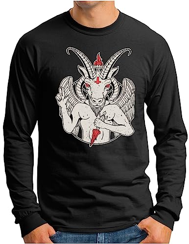 T-shirt manches longues Baphomet Goat Skull pour homme en noir taille M