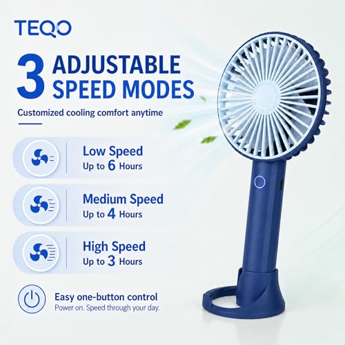 Image of TEQO Rechargeable Hand Fan 4800 RPM High Speed | 1200mAh Battery, Up to 6 Hours Runtime | Portable USB Fan with Mobile Stand & RGB Light | 3 Speed Personal Mini Fan for Travel, Makeup (Blue)