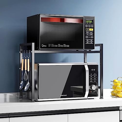 Miniatura 4 de YunNasi Soporte Extensible para Horno de Microondas Estante para Microondas de Acero al Carbono con 10 Ganchos Organizador Estanteria para Encimera de Cocina (Negro 1)
