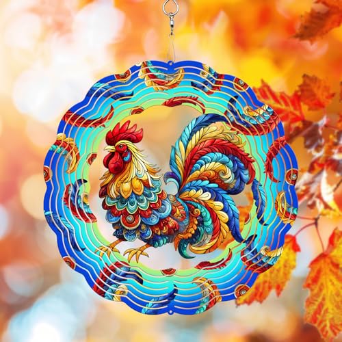 PUCPAM Rooster Wind Spinner, 10x10 Inch, Folk Art Design