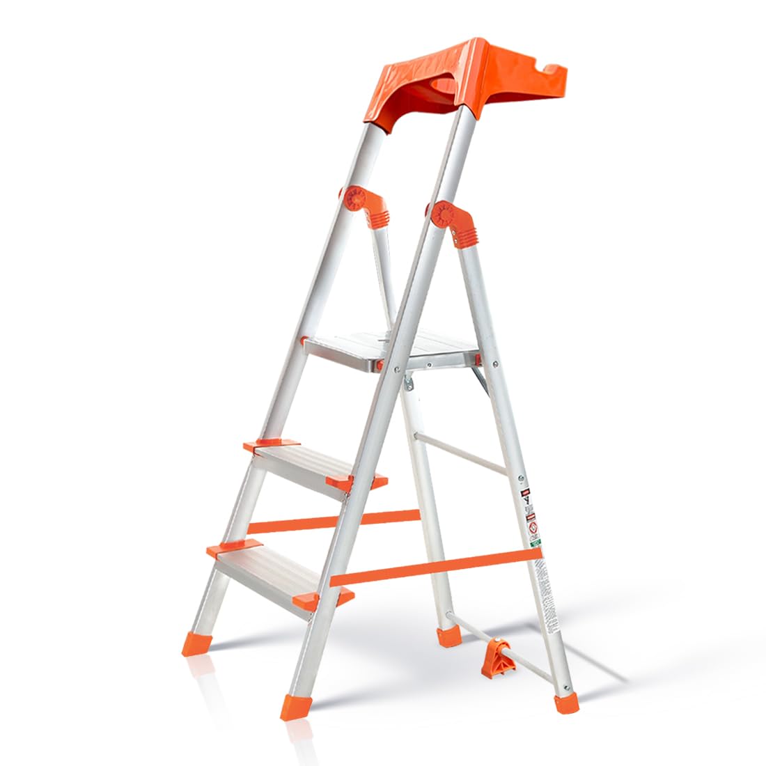 HOUZA Aluminium Ladder for Home 3 Steps Foldable with Tool Tray & Anti-Skid Wide Steps | 3 Step Ladder for Home Use, Kitchen & Household | 250 Kg Capacity Folding Ladder | 5 Year Warranty (Orange)