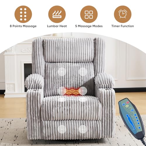 Image of Oversized Power Recliner Chair with Massage and Heat,Swivel Rocker Recliner Chair for Adults with Arm Storage,Nursery Glider Recliner with Adjustable Headrest and Side Pockets,Phone Stand,Light Grey