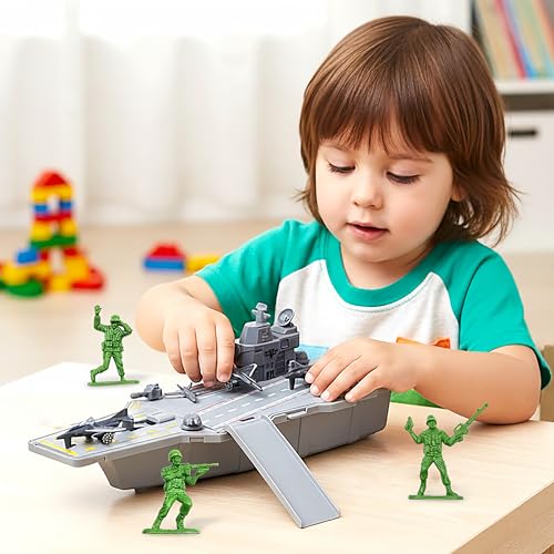 Image of VGRASSP Military Aircraft Carrier Toy for Kids with 2 Toy Airplanes, Catapult Launch with Ramp and Soldier Figures - Army Style Pretend Play Warship Carrier Playset - Color As Per Stock