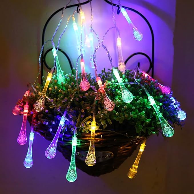 SHANJIA Water Droplets String Lights, LED Waterdrop String Lights Battery Operated Water Drop Lights Garden Fairy Lights for Bedroom, Christmas, Party,Wedding (Multicolour, 10M80LED)