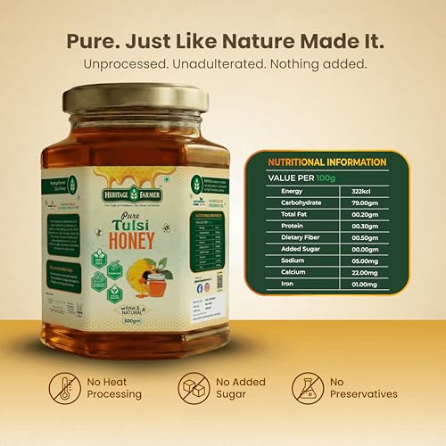 Image of Heritage Farmer Pure Tulsi Honey 500g | Raw & Natural Honey | No Added Sugar | 100% Pure Honey | Holy Basil Tulsi Sourced | Unprocessed Premium Honey | Rich Aroma | Perfect Natural Sweetener for Daily Use