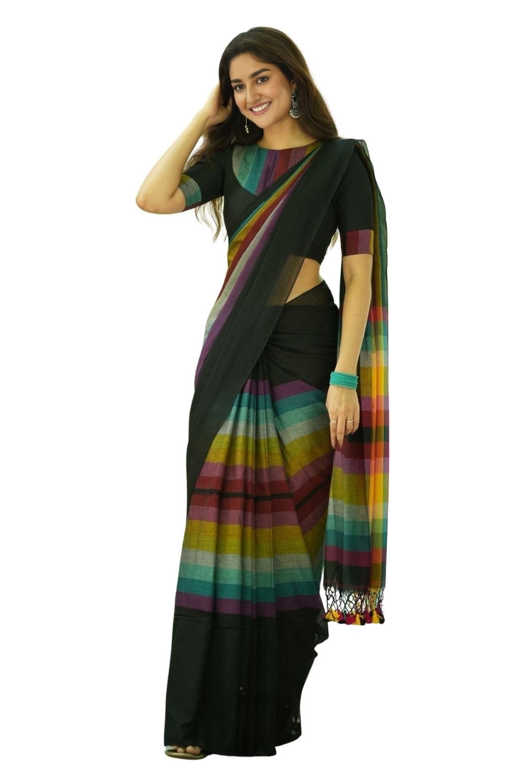 Women's Strip Printed Cotton Linen Blend Saree with Unstitched Blouse Piece For Wedding, Office, Casual Wear.-image-2