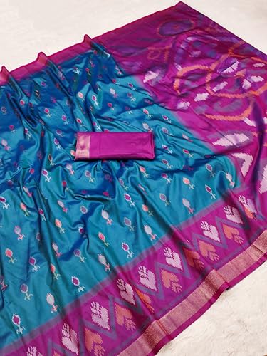 Image of Women's Pochampalli Silk Blend Saree with Unstitched Blouse Piece