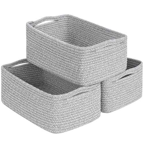 Image of Goodpick Storage Baskets, Storage Bins for Shelves Gift Baskets Empty Small Toy Baskets Baby Rope Basket Woven Basket for Towels for Decor 3 Pack, White & Gray, 13 x 8 x 5 in