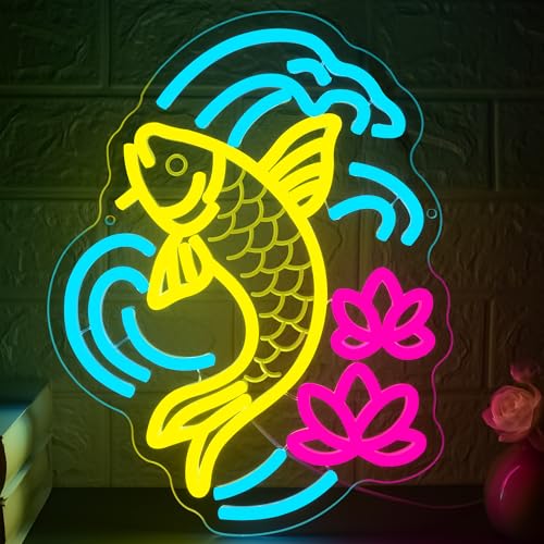 Image of Koi Fish Neon Sign for Wall Decor Japanese LED Light for Man Cave | Dimmable, japanese style wall art, living room decor, bar ornament, party decor, ideal birthday gift, size 13.7*12.2 In