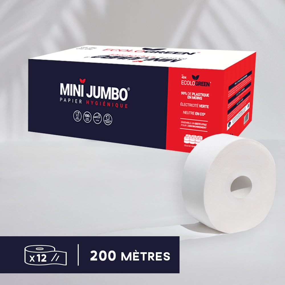 Lot de 12 Rouleaux Papier Toilette Mini Jumbo – 200 m, 2 Plis, 100% Pure Ouate de Cellulose Blanche, Fabriqué en France, Doux et Résistant - Papergooddeal,