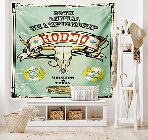Ambesonne Western Tapestry, Retro Style Rodeo Championship Poster Bull Skull Large Horns Banner Grungy, Wall Hanging For Bedroom Living Room Dorm Decor, 60" X 80", Seafoam Charcoal #TOP1