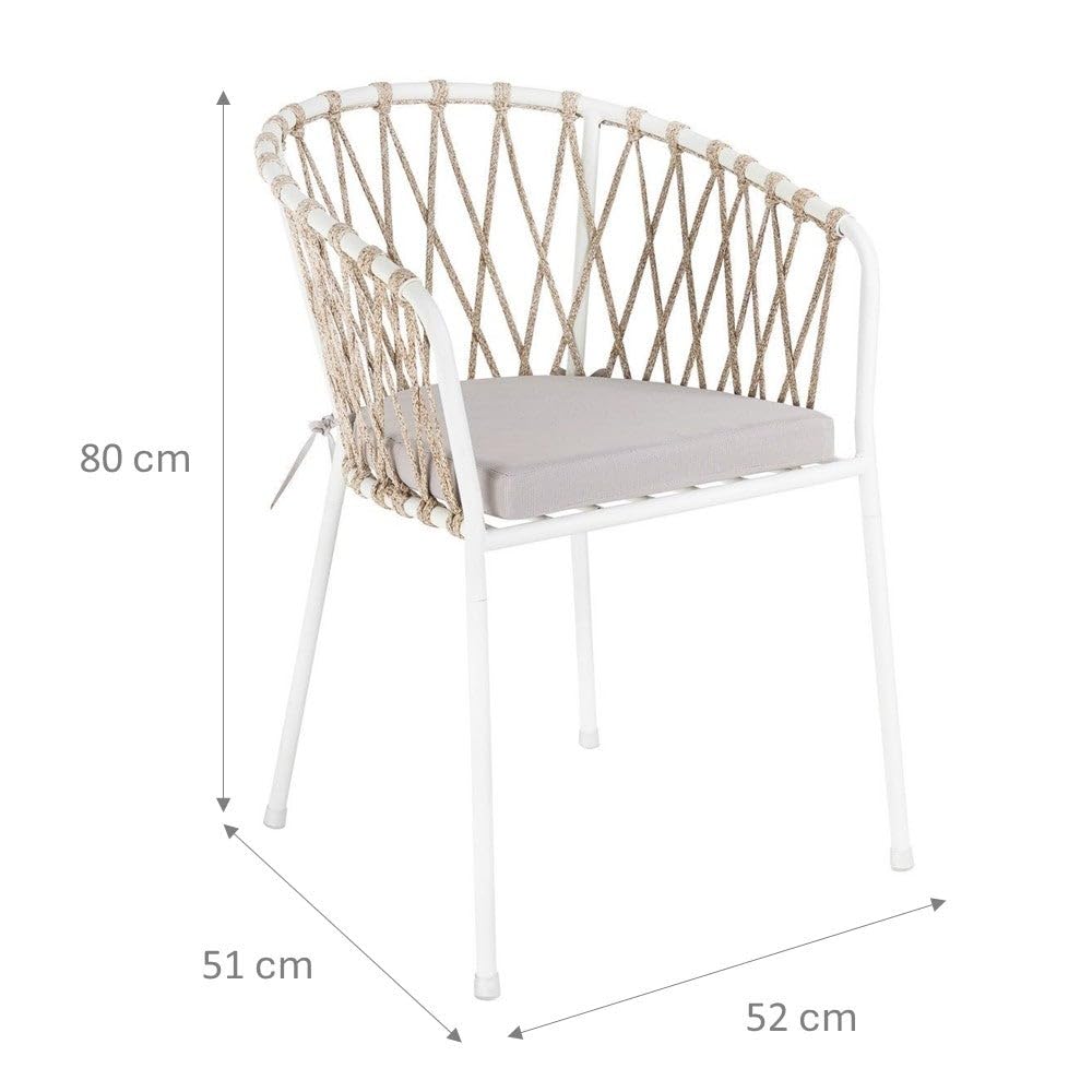 LOLAhome Set 2 Sillas de Jardín Myra de Acero y Cuerda Trenzada Color Blanco, 52x51x80 cm, Cojín Incluido, Ergonómica, Diseño Elegante y Resistentes, Patas Desmontables Uso Exterior