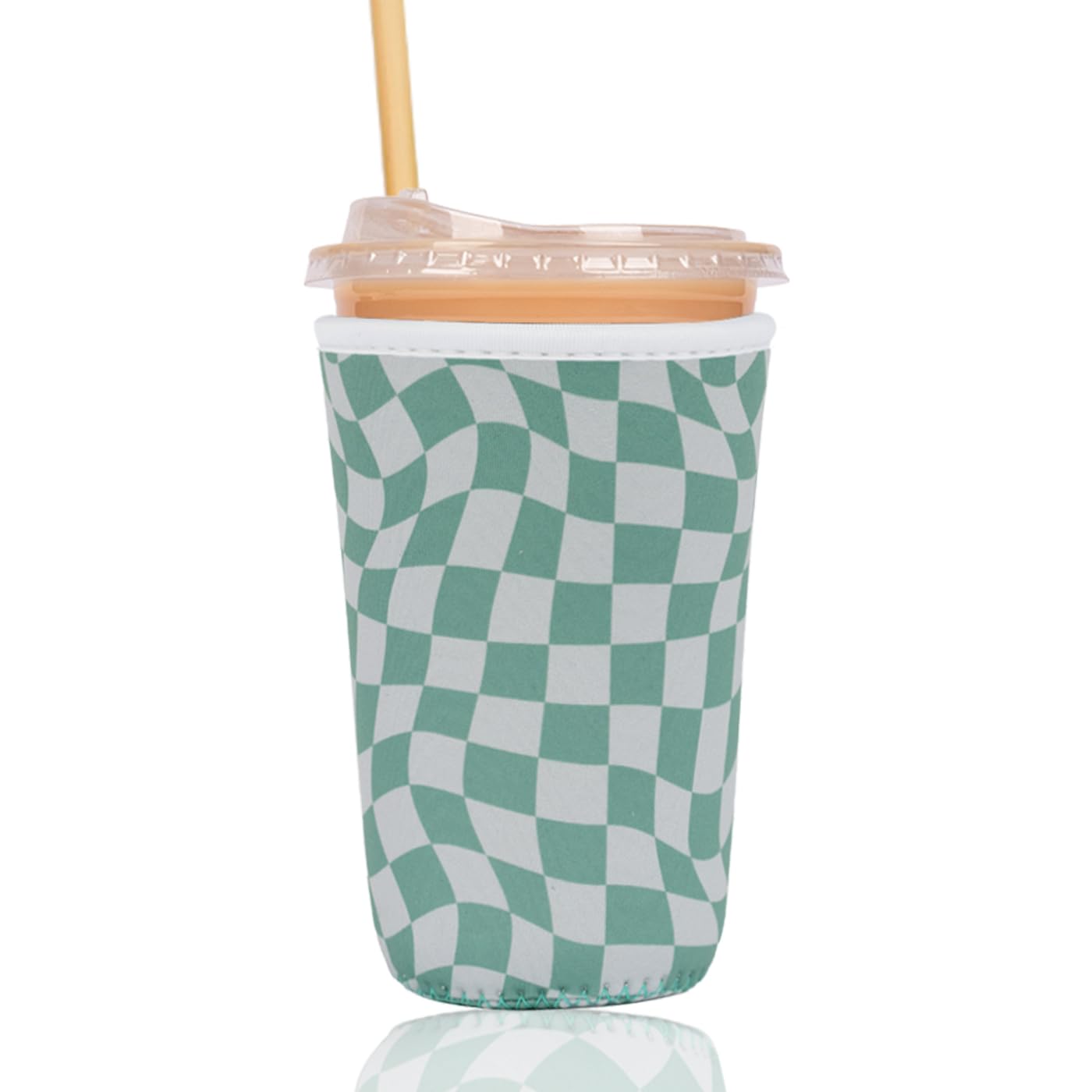Reusable Insulated Sleeve for Iced Coffee Cup, Coffee Neoprene Sleeve for Cold &amp; Hot Drinks, Beverage Holder for Iced Coffee (Wavy Grid, Medium: 22-24oz)