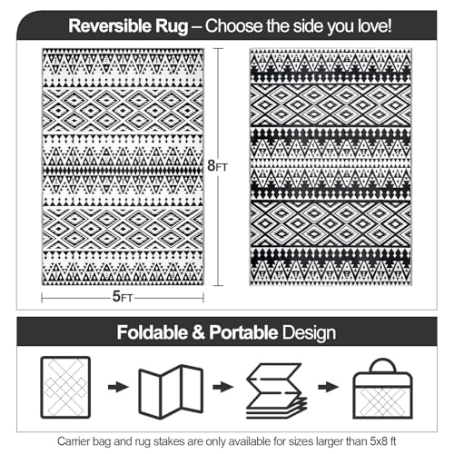 Waterproof Outdoor Rug 5x8ft, Bohemia Reversible Plastic Straw Mat for Patio RV Deck Porch Backyard Balcony Camping Picnic Beach Indoor Outdoor Carpet, Black&White - Image 2