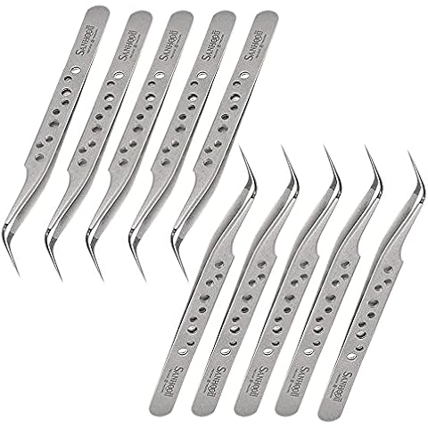 10pcs/Set Electronics Tweezers ESD Straight/Curved Tip Precision Stainless Steel Forceps for SMD BGA SMT Phone Repair DIY Hand Tool (Curved) Cover