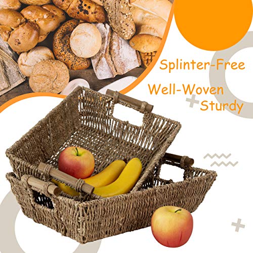 Set 2 Large Seagrass Baskets with Wooden Handles | Straw Woven Short Baskets for Fruits, Hand Towels, Snacks, CoffeeTable (Natural)