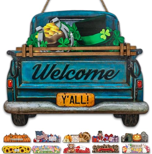 Interchangeable Welcome Sign for Front Door Blue Farmhouse Truck Decor Hanging Sign with 11 Interchangeable Seasonal and Holiday Decor Signs 12×14 in Blue Farmhouse Truck