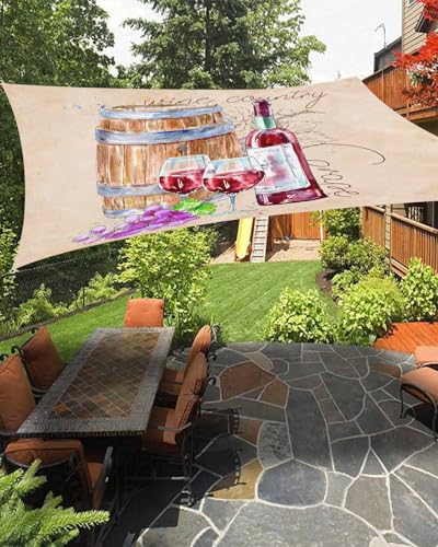 Boanket Sun Shade Sail 14' x 18', Wine Theme Large Heavy Duty Outdoor Shades Sun Screen, Farmhouse Barrel Purple Grapes Kraft Paper Shade Cloth for Patio Deck Terrace Garden Lawns Beach Backyard