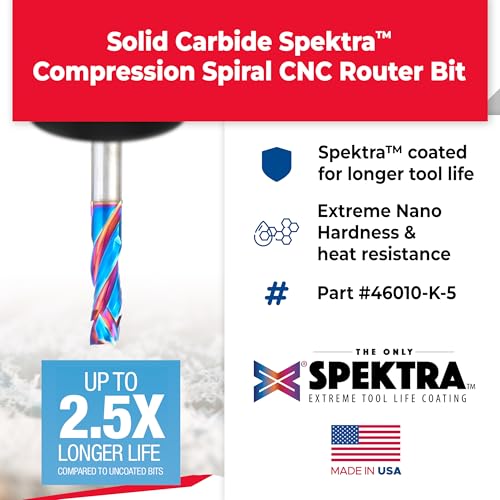 Image of Amana Tool Spektra Extreme Tool Life Coated CNC Compression Spiral Router Bit, 46010-K-5, 5-Pack, 3 /8 D x 1-1 /8 CH x 3 /8 Shank x 3 Inch L 3 Flute