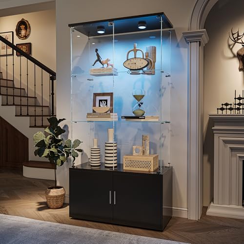 Vitrine en Verre avec Led,Armoire Vitrine Pour Collection avec 4 Porte 3 étagères Transparent,Meuble bas en bois,Meuble VITRINES Verre,Miroir Vitrines De Figurine...