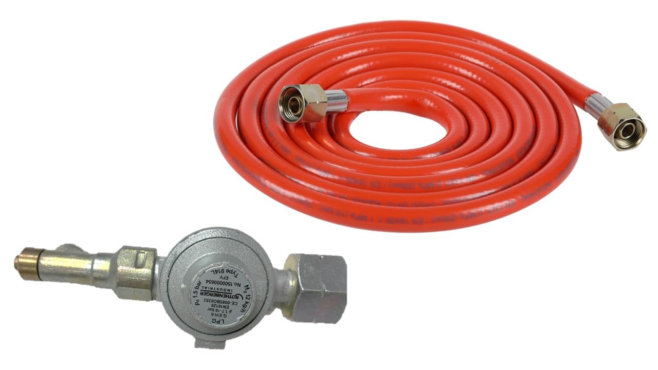 Rothenberger Industrial Set Gasdruckregler 1,5 bar mit 2,5 m Propangasschlauch | 12 kg/h | für Propangasflaschen **mit Schlauchbruchsicherung** | Abgangsgewinde 3/8" | Messing-Bauteile
