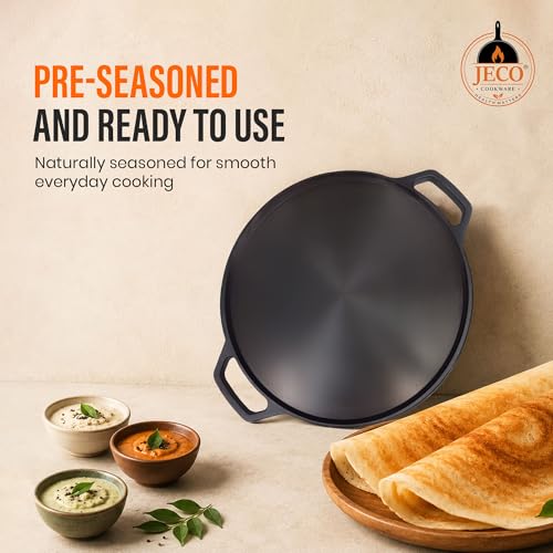 Image of Cast Iron Dosa Tawa with Dual Grip Handles | Pre-Seasoned Non-Stick Iron Tawa for Dosa /Chilla /Roti | Heavy Duty Non-Toxic Cookware | Gas Stove & Induction Compatible | Black, 30cm, 2.2kg