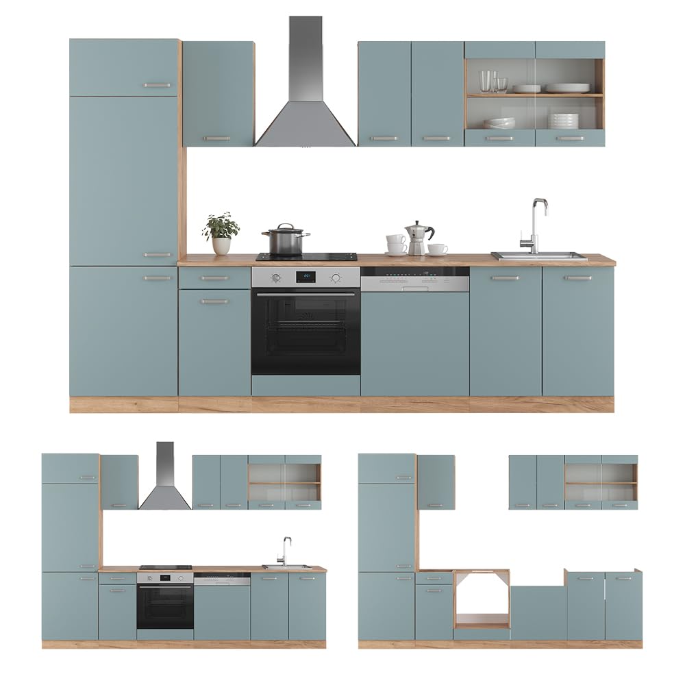 Vicco Mueble de Cocina R-Line, Roble Azul-Gris-Dorado, 300 cm, ET Roble, para disposición Flexible y ampliación con módulos adicionales