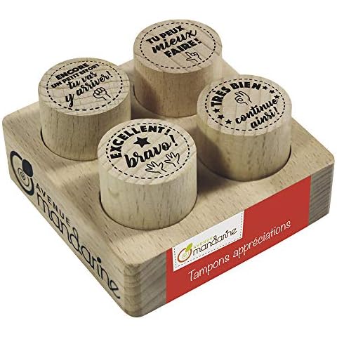 Avenue Mandarine - Ref CO157C - Appreciation Stamps (Set of 4) - Solid Quality Wooden Stamps with Positive Messages for Parents and Teachers to Add to Children's Work - Pack 1 Cover
