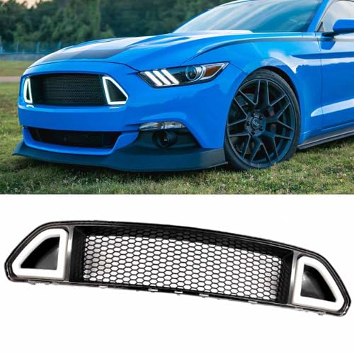 JENEROUMAN Front Bumper Grille Black W/DRL LED Lamp Hood Mesh Upper Grill Compatible With 2015 2016 2017 Ford Mustang