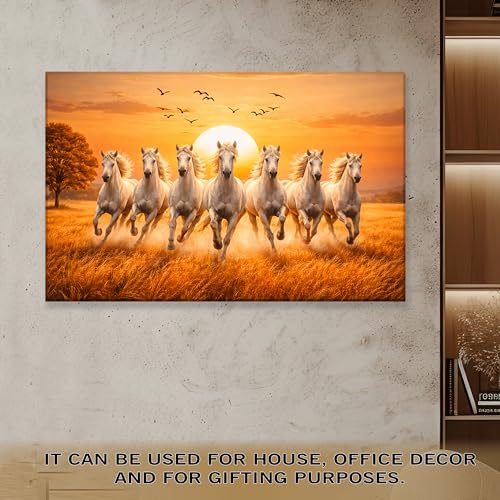 Image of Rousrie Big Size 7 Horses Vastu Frame Wall Art Painting, White Running Horses on Water, Rising Sun Wall Decor, Multicolor (55 cm x 85 cm)