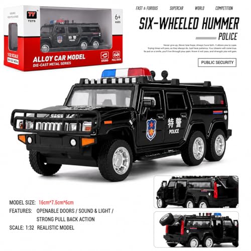 Image of WORSHIPER 1:32 Six-Wheeled Police Hummer Die Cast Metal Toy Car with Sound & Light, Openable Doors, Pull Back Action, Collectible Toy Vehicle for Kids (1 /32 Hummer Police CAR (Black)