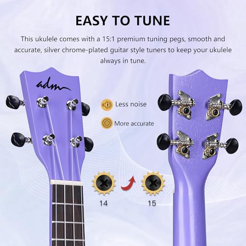 Image of ADM Ukulele for Beginners Hawaiian Sapelewood Ukelele Kit for Adult Student Starter Professional Ukalelee Pack Bundle with Free Lessons Gig Bag Strap Nylon String Tuner (Purple-Sapele, 21 Inch)