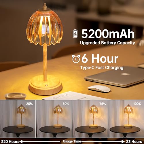 Image of Shenmoyl Tulip Table Lamp with 5200mAh Battery & Touch Control, Small Cordless Table Lamp with 3 Colors, Rechargeable Battery Operated Table Lamps for Bedroom, Desk, Bedside (Amber-Beech Color)