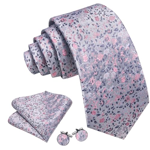 Image of Barry.Wang Flower Ties for Men Handkerchief Cufflinks Set Wedding Necktie Set Party