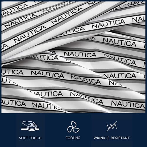 Image of Nautica - Full Sheet Set, Breathable & Cooling Microfiber Bedding with Matching Sham(s), Casual Bedding Set (Striped Nautica Logo Grey, Full)