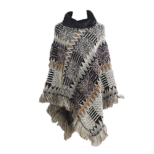 DNLKWGO Elegant Shawl Poncho with Fringed Plaid Sweater Pullover Cape Knit Shawl with Fur Collar for Women