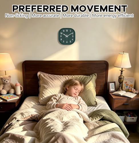 Image of 8Inch Dark Green Square Wall Clock Silent Non Ticking Analog Clock