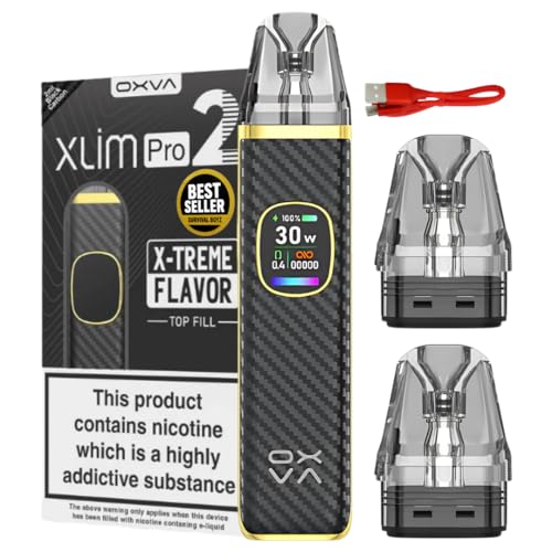 Oxva Xlim Pro 2 Pod Kit [Black Carbon] - Available in 24 colours 2A Fast Charge 1300mAh Battery 0.56 Ultra-HD Color Screen - No Nicotine