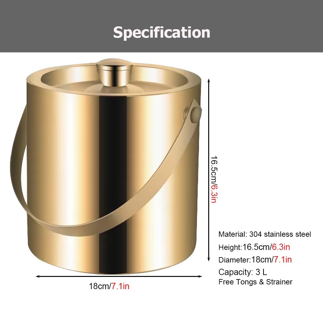 Cubo de hielo de acero inoxidable de doble pared de 1,6 x 2,3 L for cubitos de hielo, enfriador de bebidas con aislamiento al vacío, tapa hermética y pinzas for hielo(Gold,H 16.5cm/6.3in)