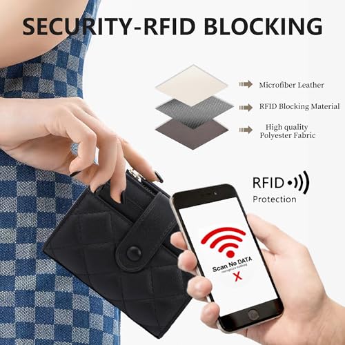 Small Wallet Women, Bifold RFID Blocking Card Holder for Girls Ladies, PU Leather Slim Bifold Compact Wallets Coin Purse with ID Window Zipper Coin Pocket (Black)4
