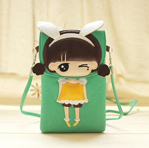 (Green Girl) Popular PU Leather Cellphone Bag Super Cute 3D Cartoon Pattern Crossbody Shoulder Bag Fashion Purse with 2 Pouches for Carrying Appple iPhone 6 Plus,6+,iphone 6/5/5s,Samsung Galaxy Note 4/Note3/Note2,Galaxy S5/S4/S3,LG,HTC,HUAWEI and Other Cell Phones,ID Card,Pocket Money,Including Free Head Malory Logo Pouch Bag