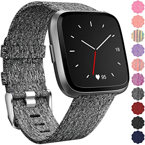 Maledan Replacement for Fitbit Versa Bands, Canvas Strap with Stainless Steel Clasp Accessories Replacement Wristbands for Versa, Women Men, Small, Charcoal