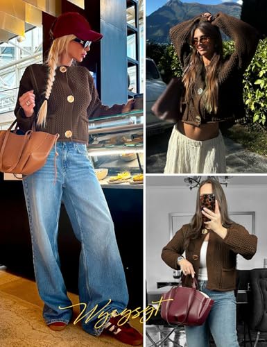 Image of Wyeysyt Womens Cropped Cardigan Sweaters Chunky Knit Gold Button Down Open Front Cardigan Long Sleeve Crop Crochet Sweaters