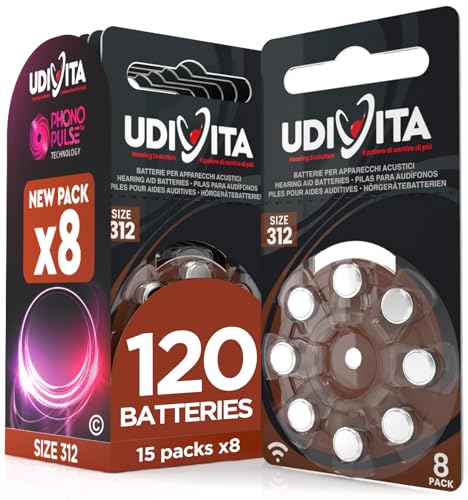 120 Hearing Aid Batteries Size 312 Udivita (PR41) Brown Zinc-Air with Phono Pulse Technology - 15 Blisters of 8 Batteries