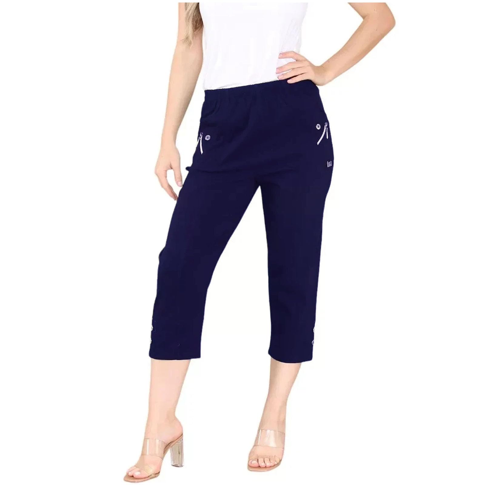 deevan Ladies Cropped Trousers Womens 3/4 Capri Crop Pants Three Quarter Elastiated (as8, Numeric, Numeric_22, Regular, Regular, Navy)